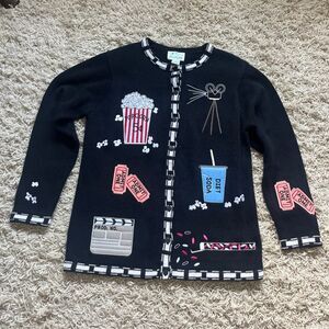 Awesome Quacker Factory Sweater S Movie, Snacks, Cardigan, Black, Embroidered